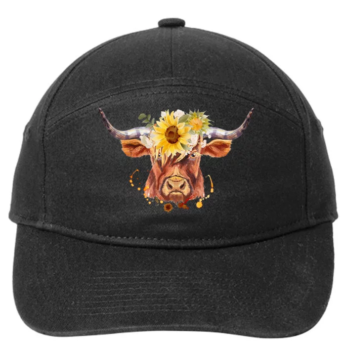 Highland Cow Coo Sunflowers Scottish Cow Lover Farm Animal 7-Panel Snapback Hat