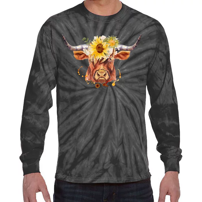 Highland Cow Coo Sunflowers Scottish Cow Lover Farm Animal Tie-Dye Long Sleeve Shirt