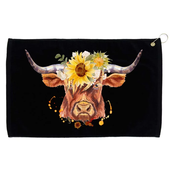 Highland Cow Coo Sunflowers Scottish Cow Lover Farm Animal Grommeted Golf Towel