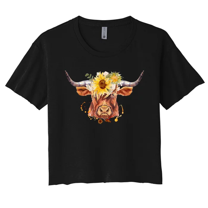 Highland Cow Coo Sunflowers Scottish Cow Lover Farm Animal Women's Crop Top Tee