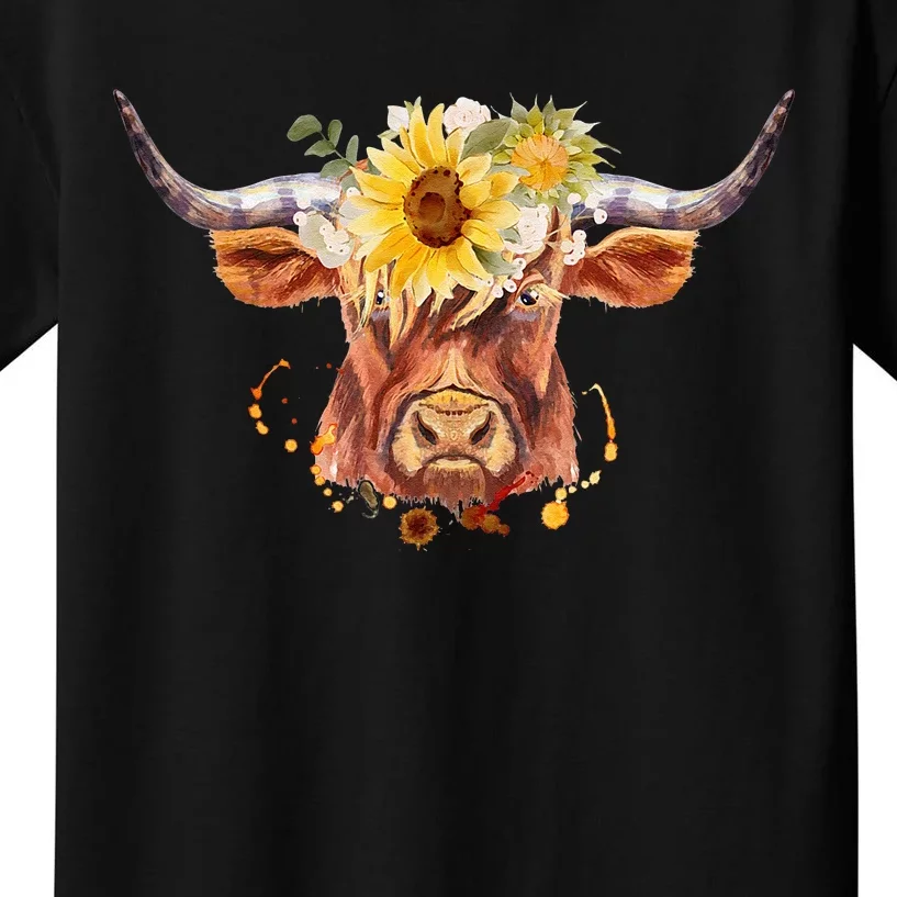 Highland Cow Coo Sunflowers Scottish Cow Lover Farm Animal Kids T-Shirt