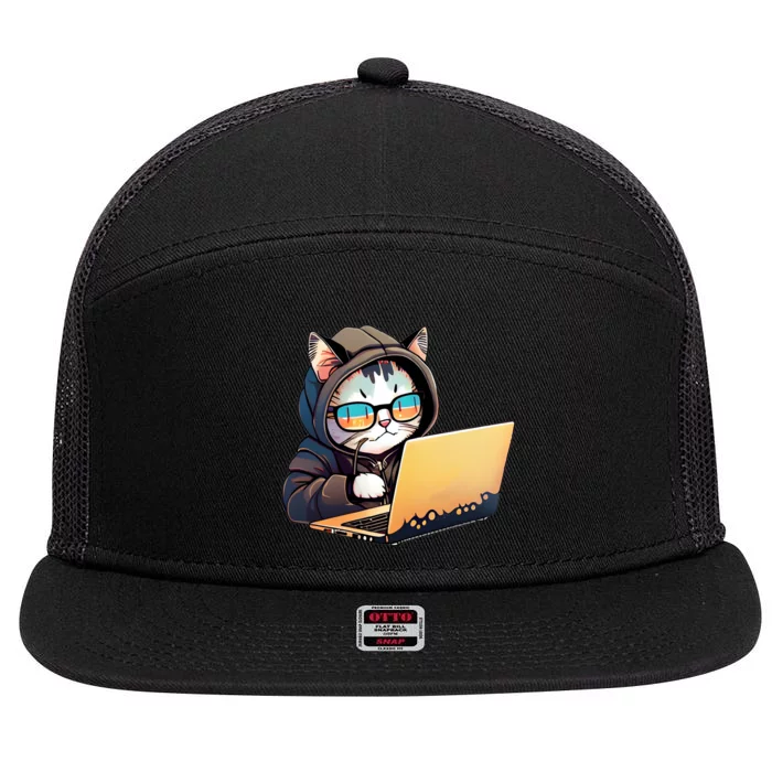 Hacker Chibi Cute Cat 7 Panel Mesh Trucker Snapback Hat