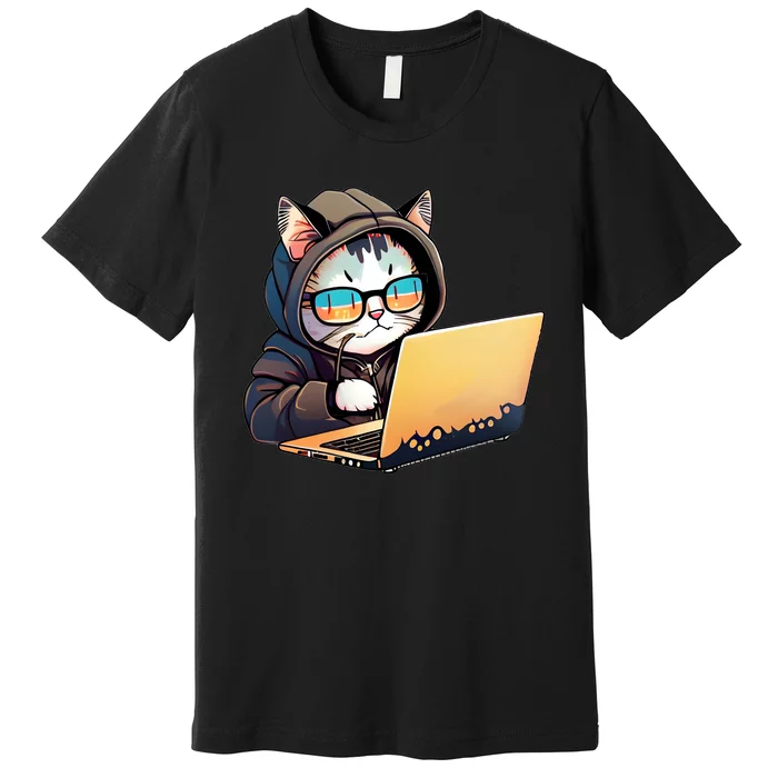 Hacker Chibi Cute Cat Premium T-Shirt