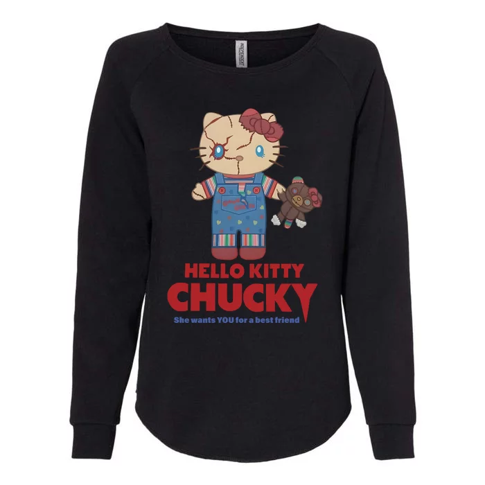 Hello Cute Cat Chucky She Wants You For A Best Friend Halloween Horror Womens California Wash Sweatshirt