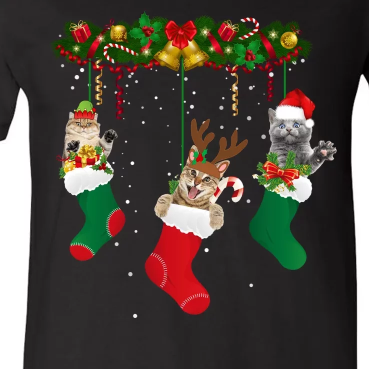 Hanging Cats Christmas Stockings V-Neck T-Shirt