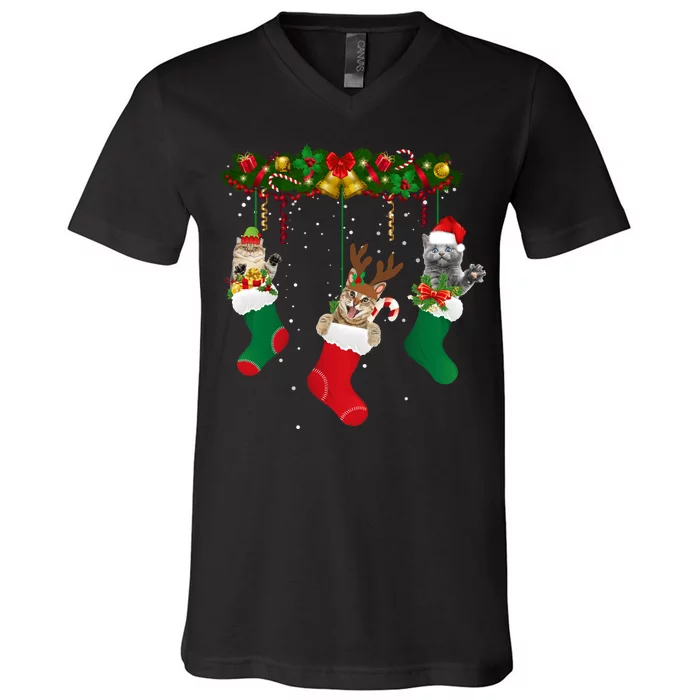 Hanging Cats Christmas Stockings V-Neck T-Shirt