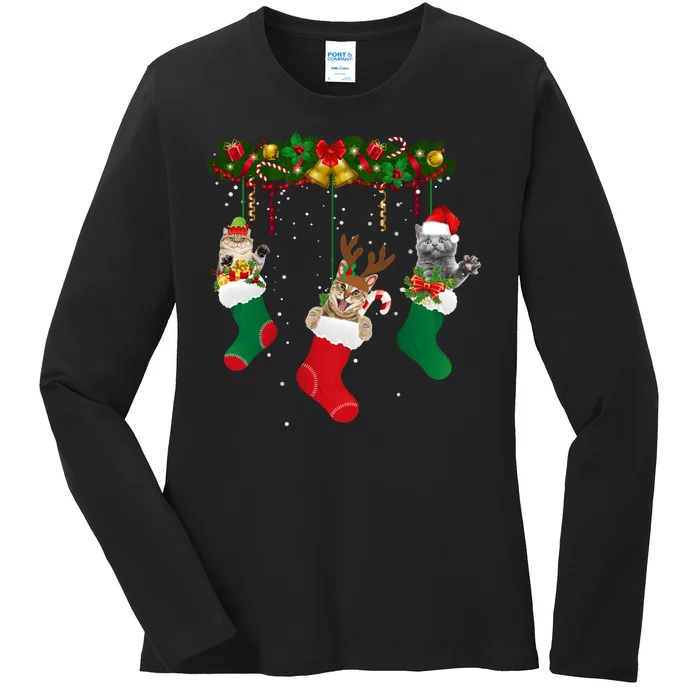 Hanging Cats Christmas Stockings Ladies Long Sleeve Shirt