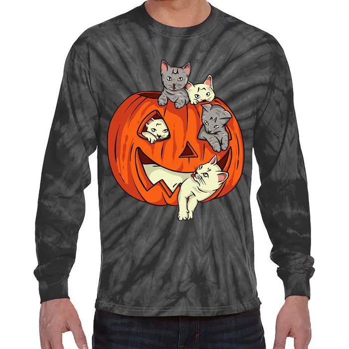 Halloween Costume Cat Pumpkin Carved Jack O Lantern Tie-Dye Long Sleeve Shirt