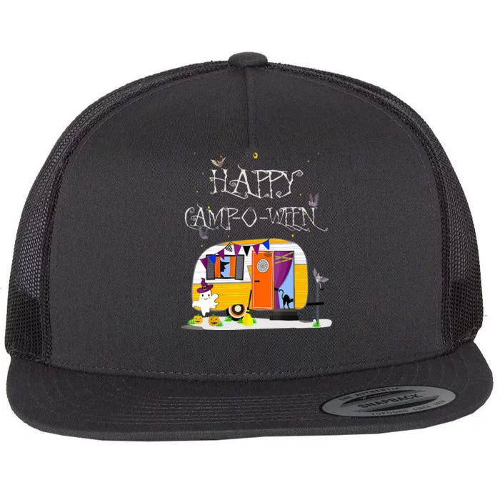 Happy Camper CampOWeen Halloween Funny Cute Graphic Flat Bill Trucker Hat