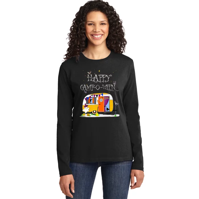 Happy Camper CampOWeen Halloween Funny Cute Graphic Ladies Long Sleeve Shirt