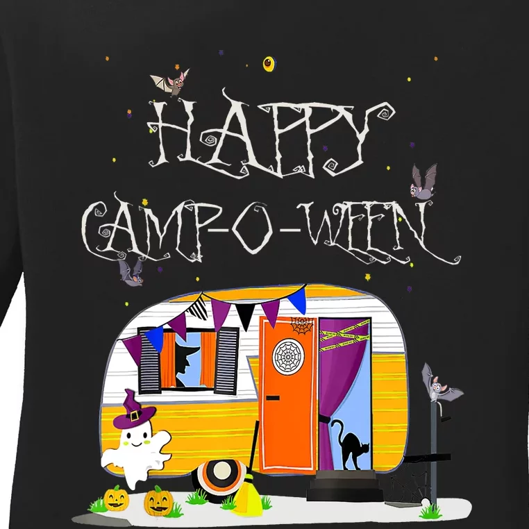 Happy Camper CampOWeen Halloween Funny Cute Graphic Ladies Long Sleeve Shirt