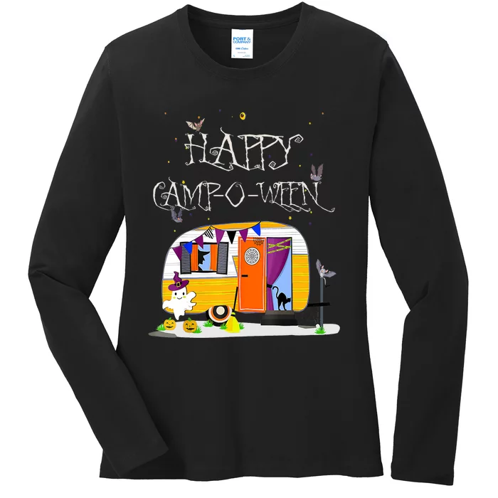 Happy Camper CampOWeen Halloween Funny Cute Graphic Ladies Long Sleeve Shirt