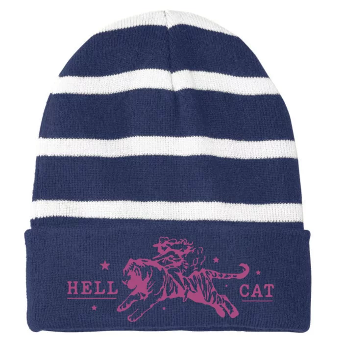 Hell Cat Cowgirl Riding Tiger Vintage Striped Beanie with Solid Band