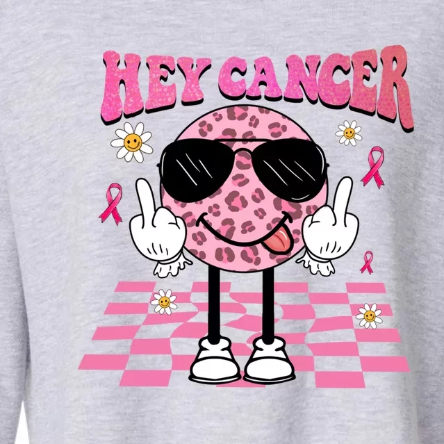 Hey Cancer Cow Smile Face Leopard Breast Cancer Awareness Gift Cropped Pullover Crew