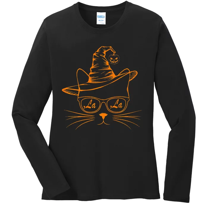 Halloween Cute Cat Comma La Kamala Harris Cute Cat Pumpkin Premium Ladies Long Sleeve Shirt