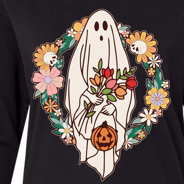 Halloween Creepy Cute Boho Flower Ghost Womens Cotton Relaxed Long Sleeve T-Shirt