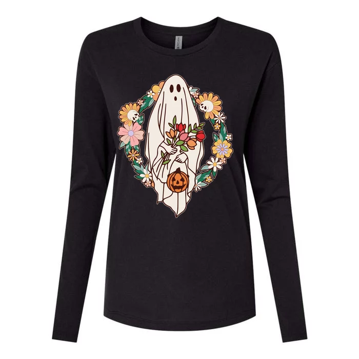 Halloween Creepy Cute Boho Flower Ghost Womens Cotton Relaxed Long Sleeve T-Shirt