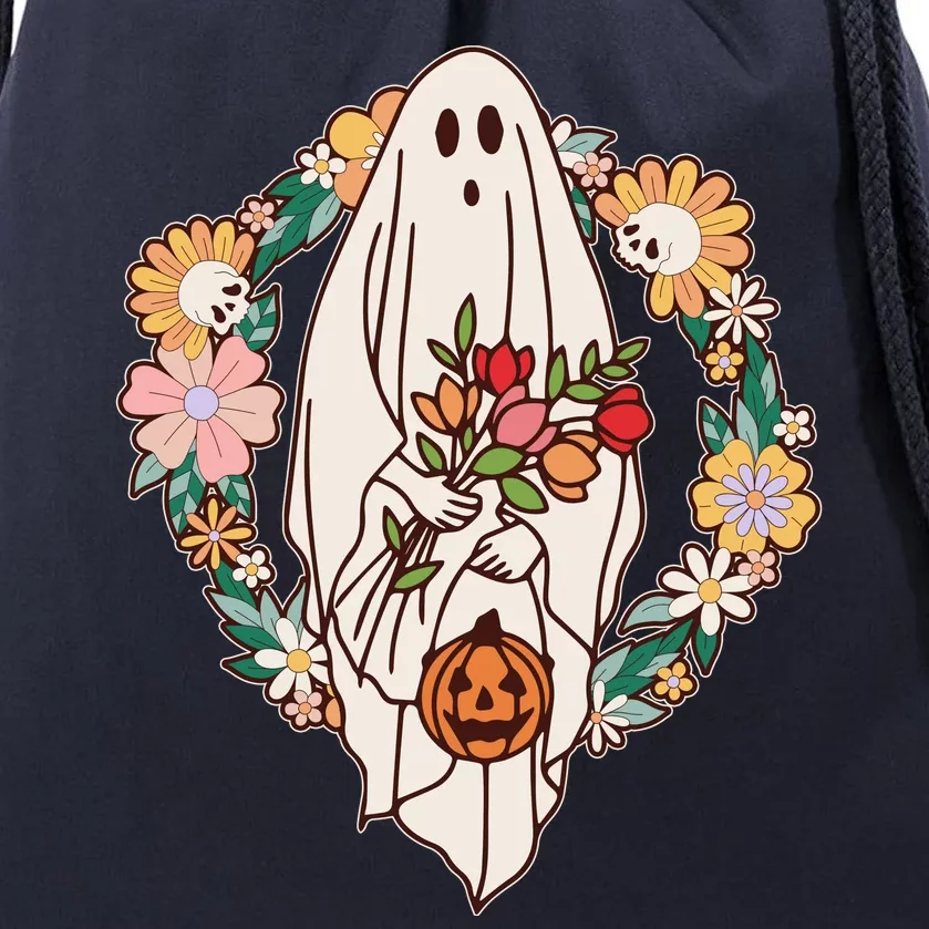 Halloween Creepy Cute Boho Flower Ghost Drawstring Bag