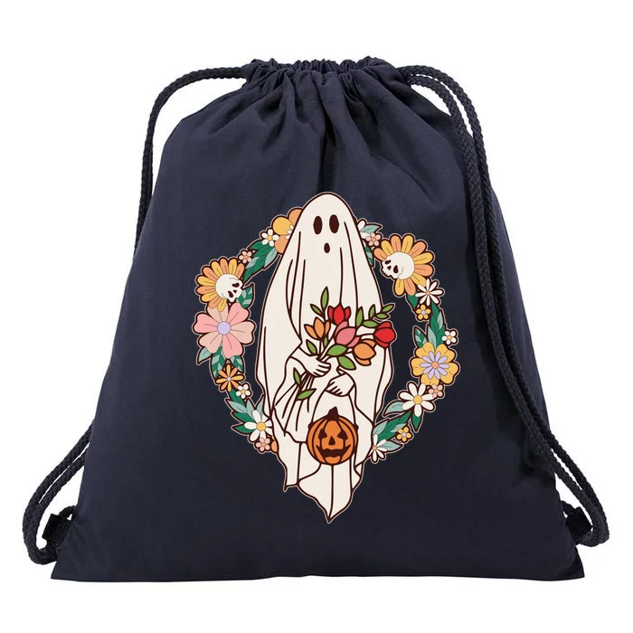 Halloween Creepy Cute Boho Flower Ghost Drawstring Bag