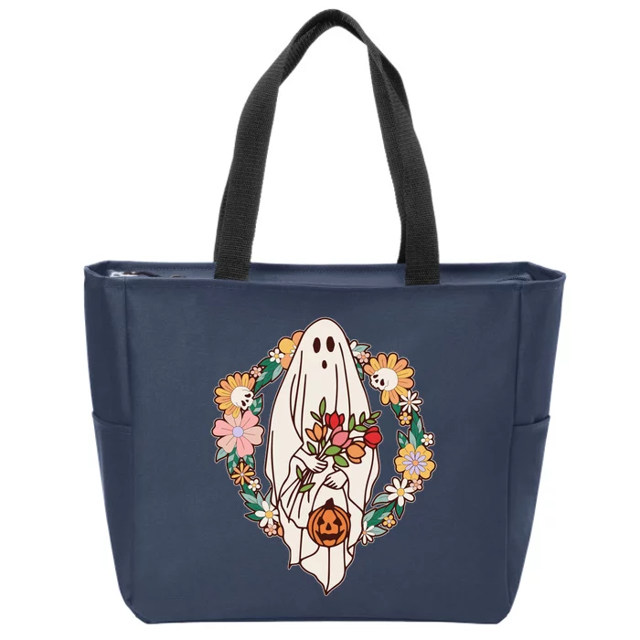 Halloween Creepy Cute Boho Flower Ghost Zip Tote Bag