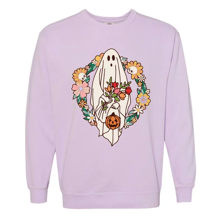 Halloween Creepy Cute Boho Flower Ghost Garment-Dyed Sweatshirt