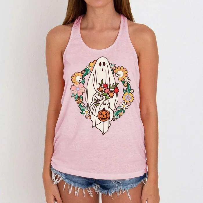 Halloween Creepy Cute Boho Flower Ghost Women's Knotted Racerback Tank