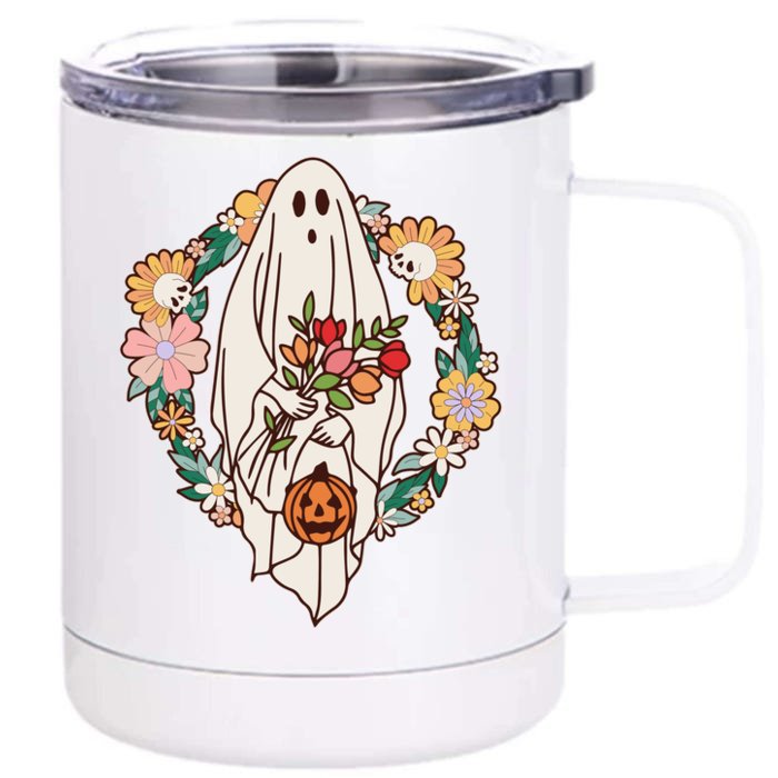 Halloween Creepy Cute Boho Flower Ghost Front & Back 12oz Stainless Steel Tumbler Cup