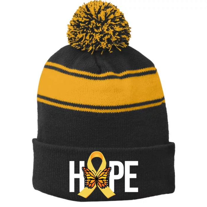 Hope Childhood Cancer Awareness Butterfly Ribbon Stripe Pom Pom Beanie