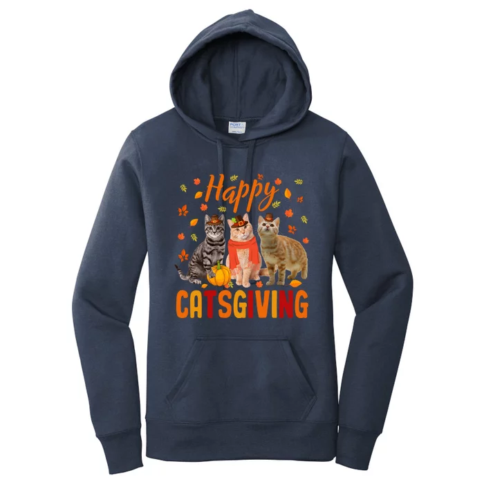 Happy Catsgiving Cute Thanksgiving Cat Wears Pilgrim Hat Gift Women's Pullover Hoodie