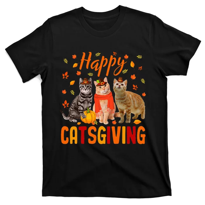 Happy Catsgiving Cute Thanksgiving Cat Wears Pilgrim Hat T-Shirt