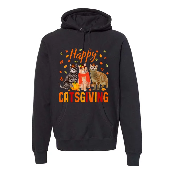 Happy Catsgiving Cute Thanksgiving Cat Wears Pilgrim Hat Premium Hoodie