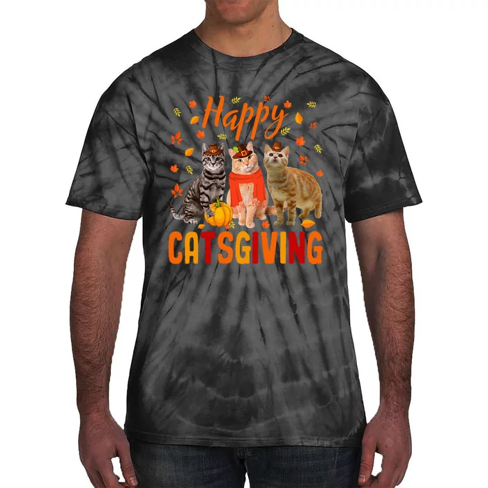 Happy Catsgiving Cute Thanksgiving Cat Wears Pilgrim Hat Tie-Dye T-Shirt