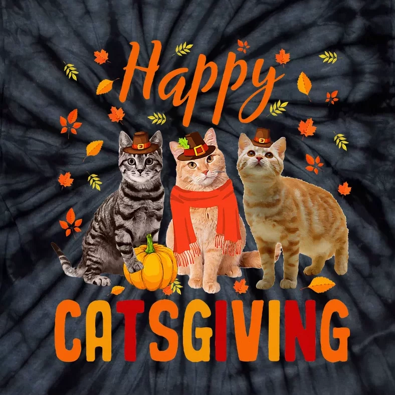 Happy Catsgiving Cute Thanksgiving Cat Wears Pilgrim Hat Tie-Dye T-Shirt