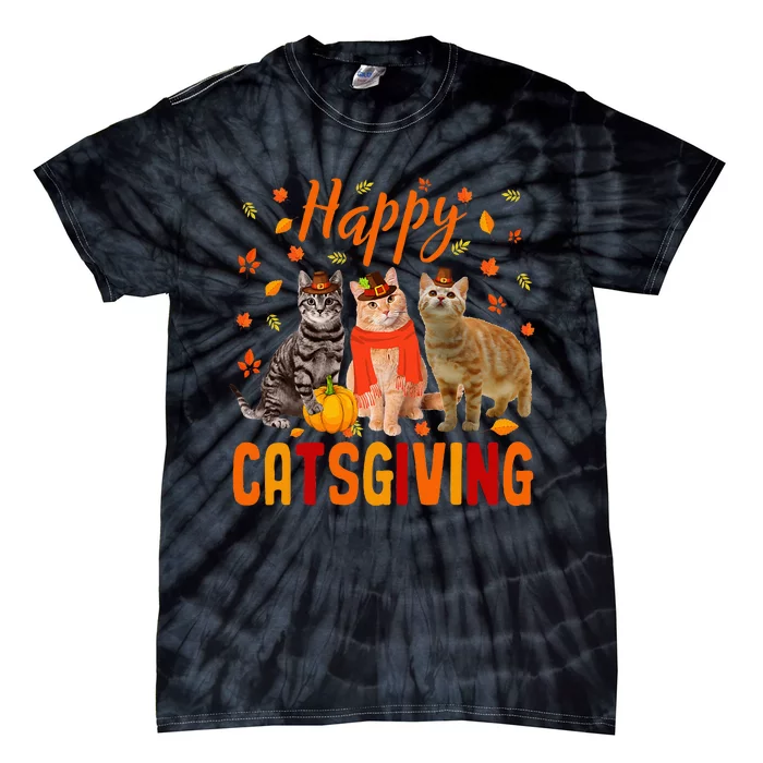 Happy Catsgiving Cute Thanksgiving Cat Wears Pilgrim Hat Tie-Dye T-Shirt