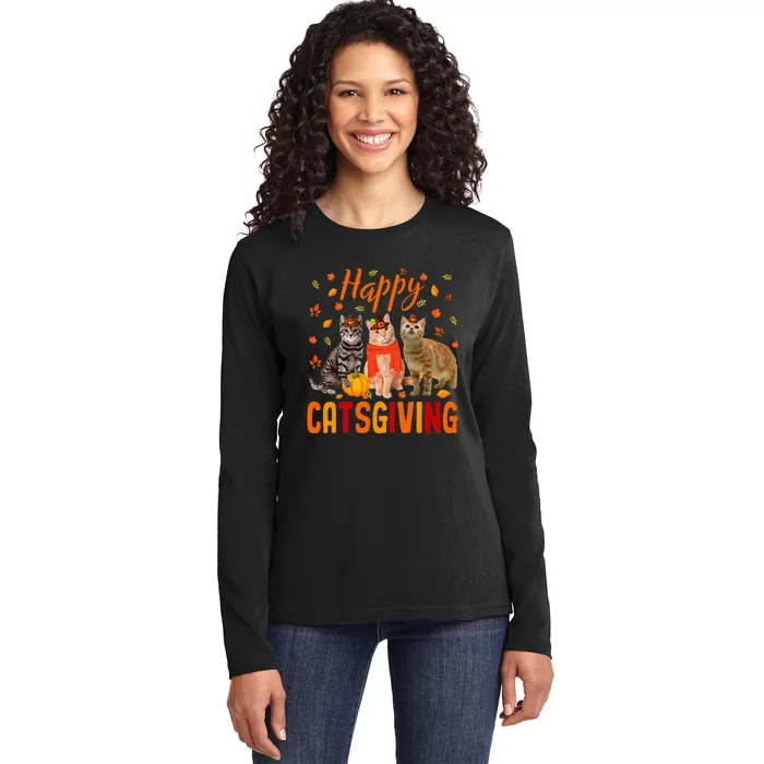 Happy Catsgiving Cute Thanksgiving Cat Wears Pilgrim Hat Ladies Long Sleeve Shirt