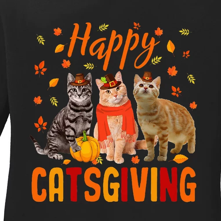 Happy Catsgiving Cute Thanksgiving Cat Wears Pilgrim Hat Ladies Long Sleeve Shirt