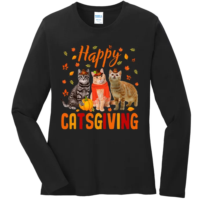 Happy Catsgiving Cute Thanksgiving Cat Wears Pilgrim Hat Ladies Long Sleeve Shirt