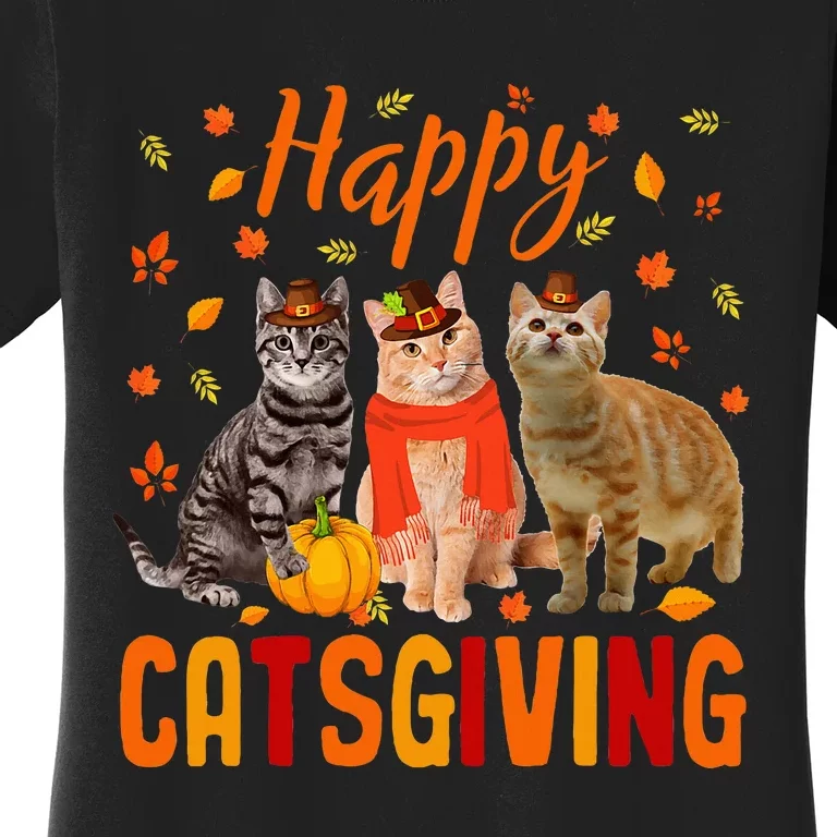 Happy Catsgiving Cute Thanksgiving Cat Wears Pilgrim Hat Women's T-Shirt