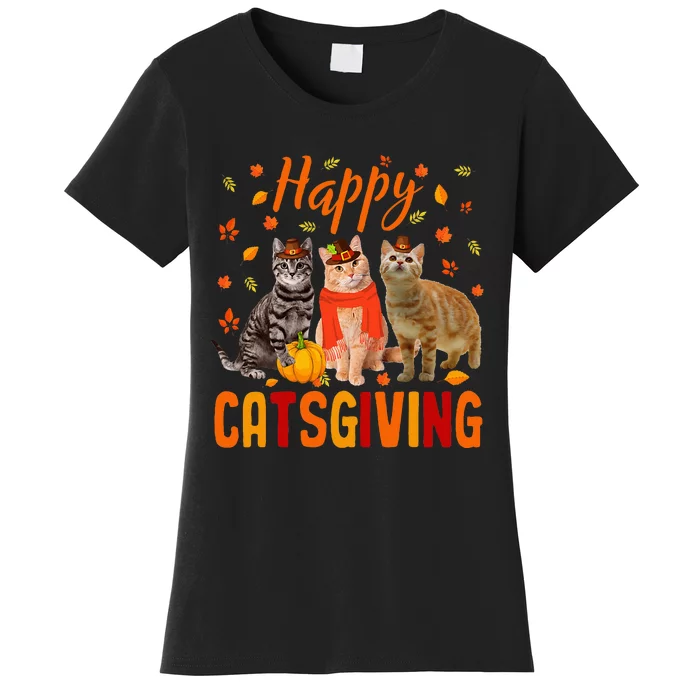 Happy Catsgiving Cute Thanksgiving Cat Wears Pilgrim Hat Women's T-Shirt