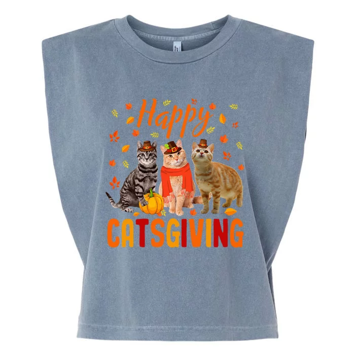 Happy Catsgiving Cute Thanksgiving Cat Wears Pilgrim Hat Garment-Dyed Women's Muscle Tee