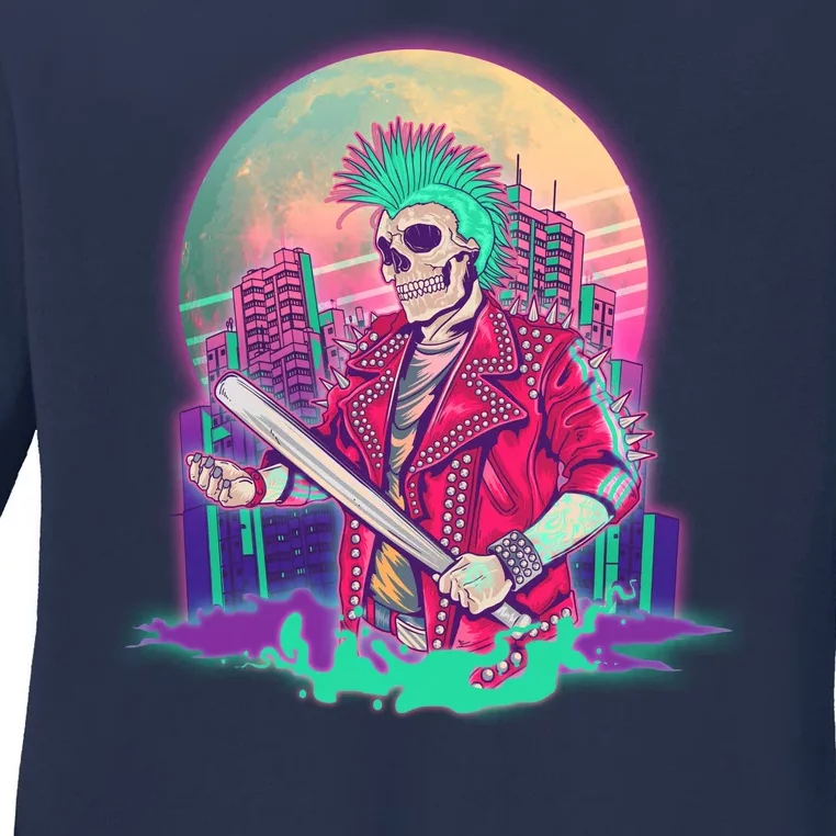 Halloween Cyberpunk City Skeleton Ladies Long Sleeve Shirt