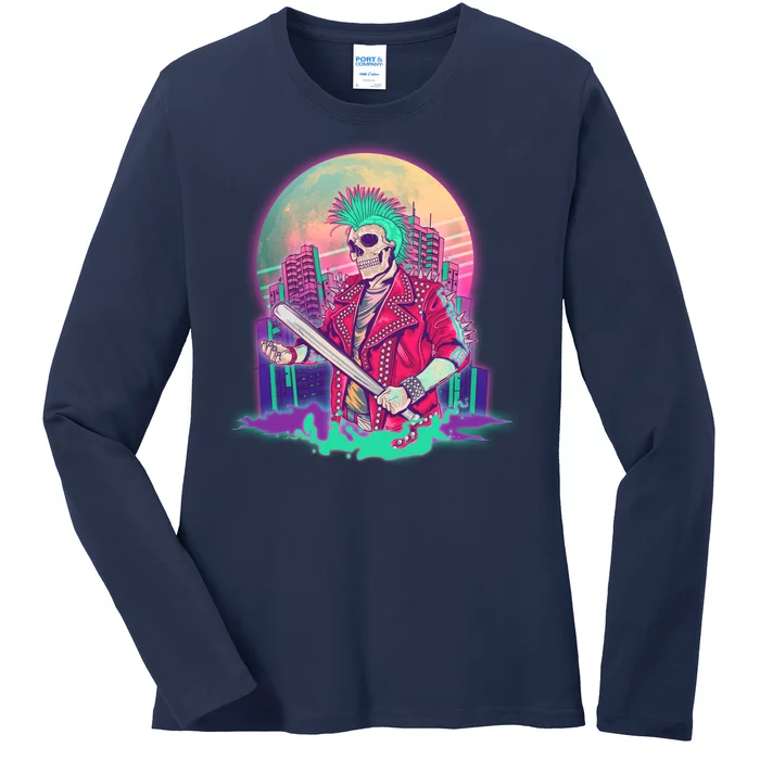 Halloween Cyberpunk City Skeleton Ladies Long Sleeve Shirt