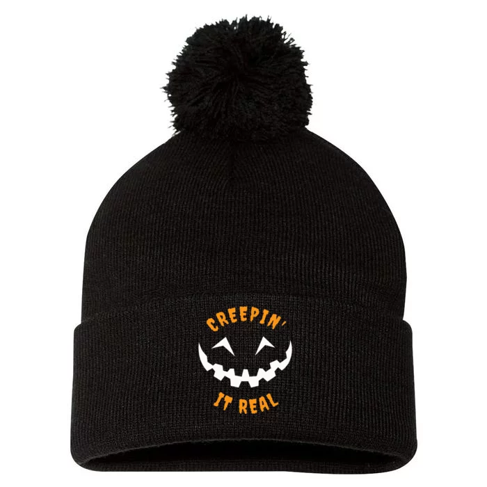 Halloween Costume Creepin’ it Real Pumpkin Funny Graphic Pom Pom 12in Knit Beanie