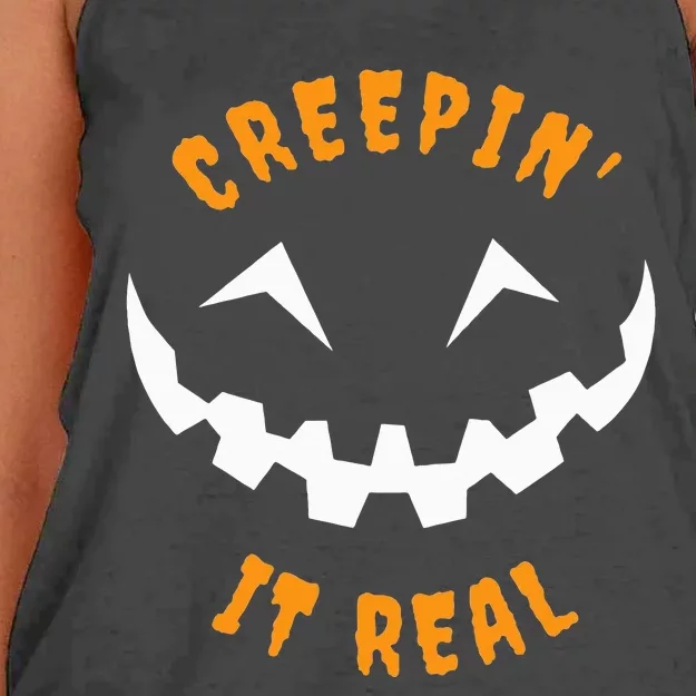 Halloween Costume Creepin’ it Real Pumpkin Funny Graphic Women's Knotted Racerback Tank