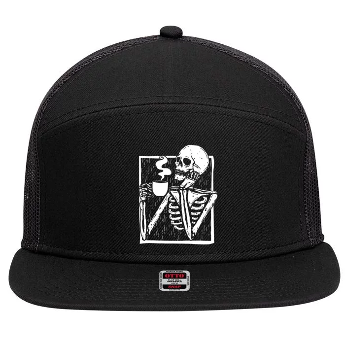 Halloween Coffee Drinking Skeleton Skull 7 Panel Mesh Trucker Snapback Hat