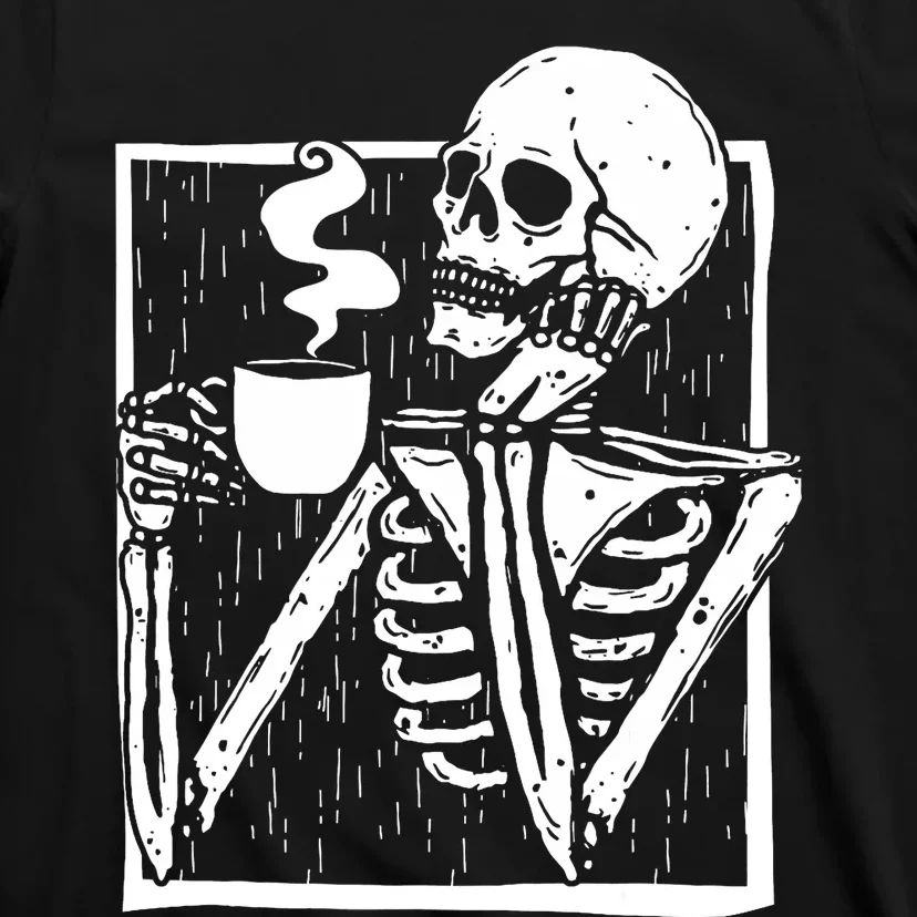 Halloween Coffee Drinking Skeleton Skull T-Shirt