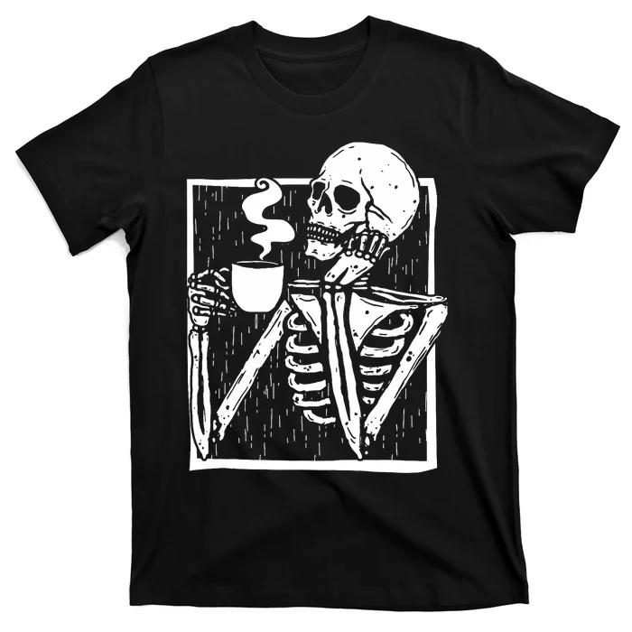 Halloween Coffee Drinking Skeleton Skull T-Shirt