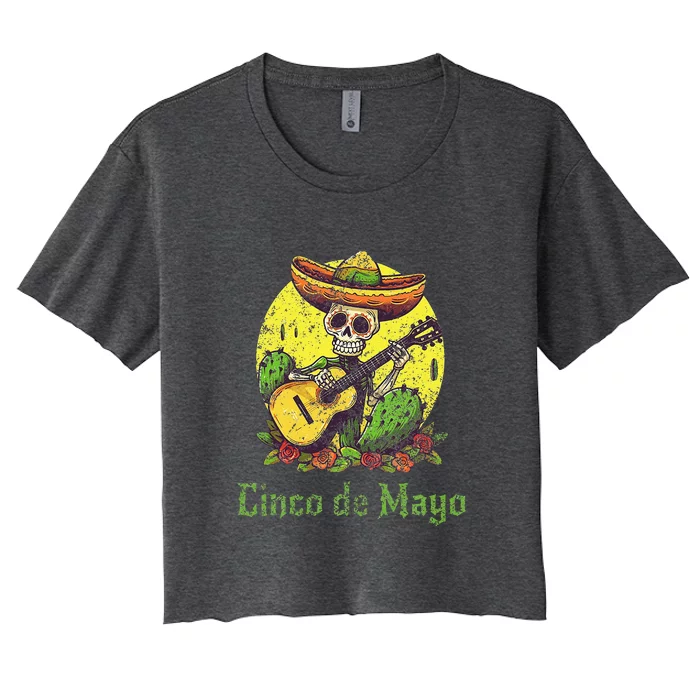 Happy Cinco De Mayo Skeleton Sombrero Guitar Cactus Women's Crop Top Tee