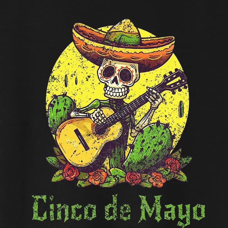 Happy Cinco de Mayo Skeleton Skull Sombrero Guitar Cactus Women's Crop Top Tee