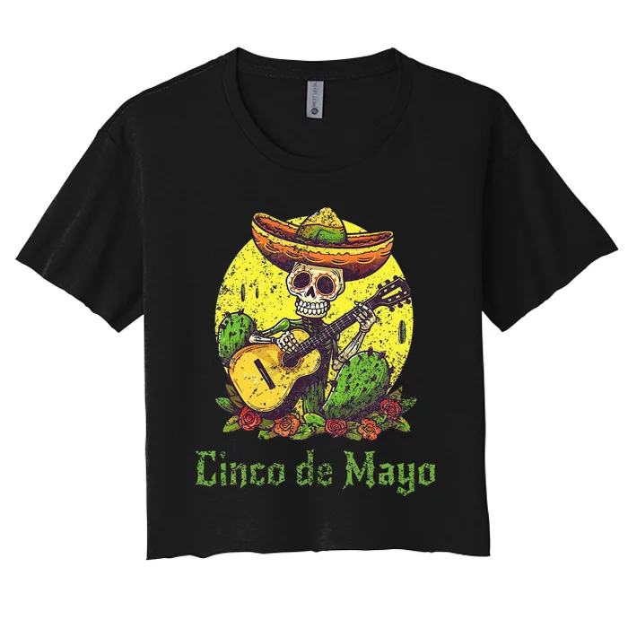 Happy Cinco de Mayo Skeleton Skull Sombrero Guitar Cactus Women's Crop Top Tee